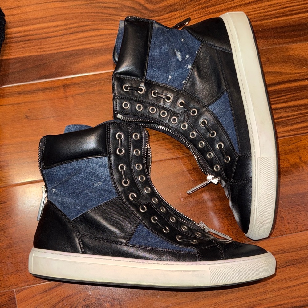 Men's High-Top Leather & Denim Sneaker - Black/Blue